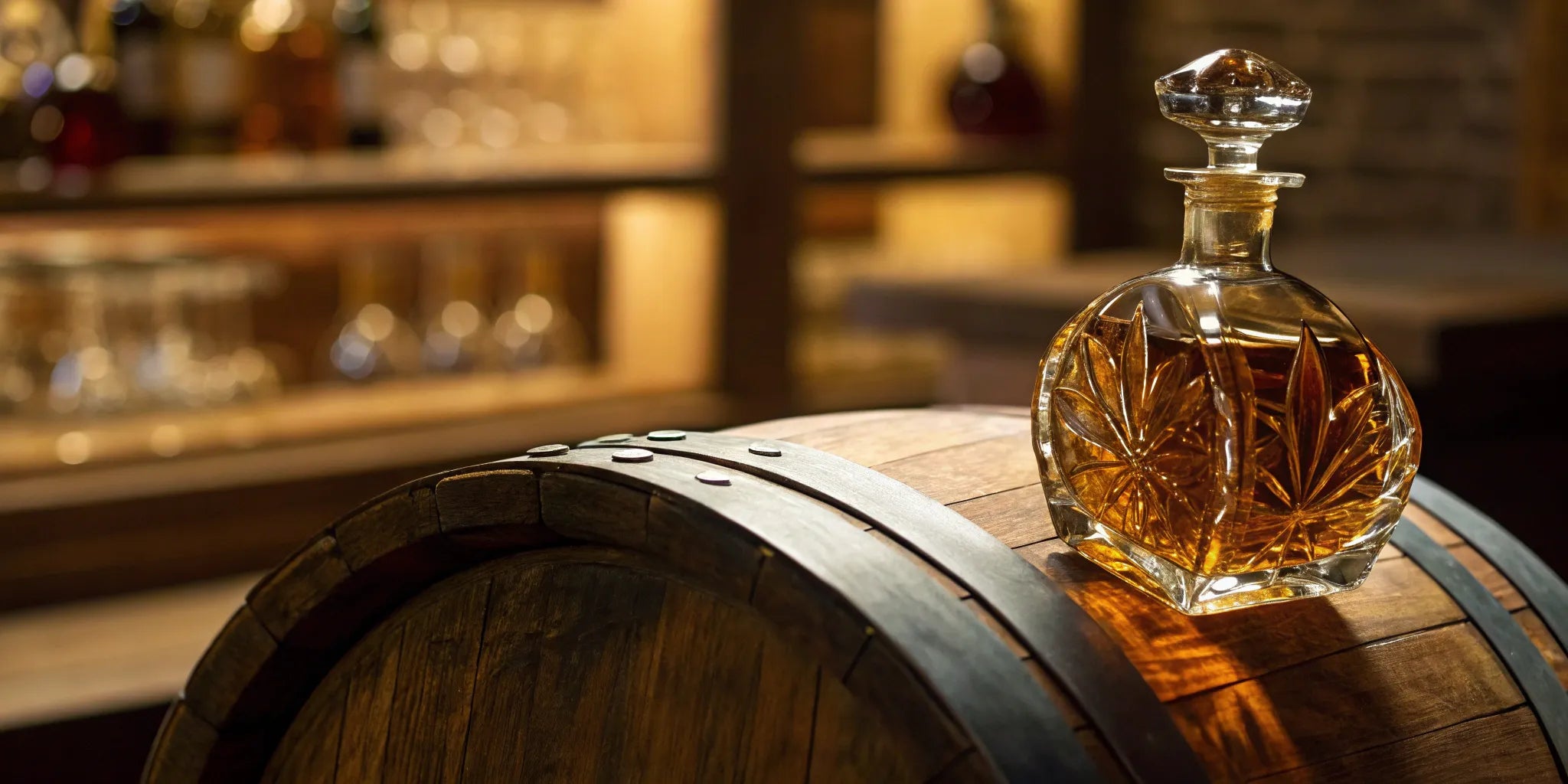 Decanter of the best extra añejo tequila aged in whiskey barrels on a wooden cask.