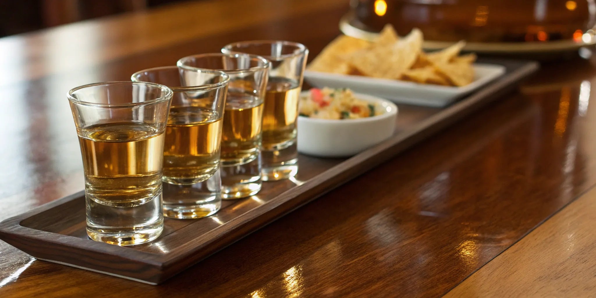 A tasting flight of luxury additive-free tequila served with chips and salsa.